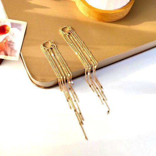 Gold Long Drop Lightweight Metal Chain Earrings Fashion Dangle Tassle Strands UK