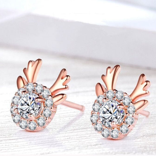 Christmas Crystal Elk Stud Earrings 925 Sterling Silver Women Girls Gift UK