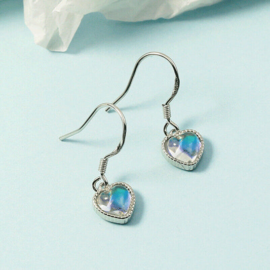 Shiny 925 Sterling Silver Moon Stone Love Heart Dangle/Drop Hook Earrings Gift