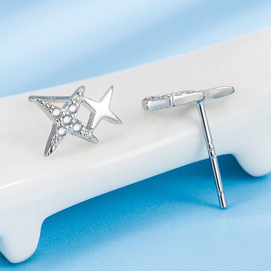 Shiny 925 Sterling Silver Cute Small CZ Double Star Stud Earrings Women Gift UK