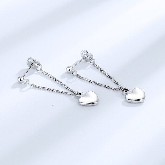 925 Sterling Silver Love Heart Drop/Dangle Chain Earrings Women Girl Gift UK