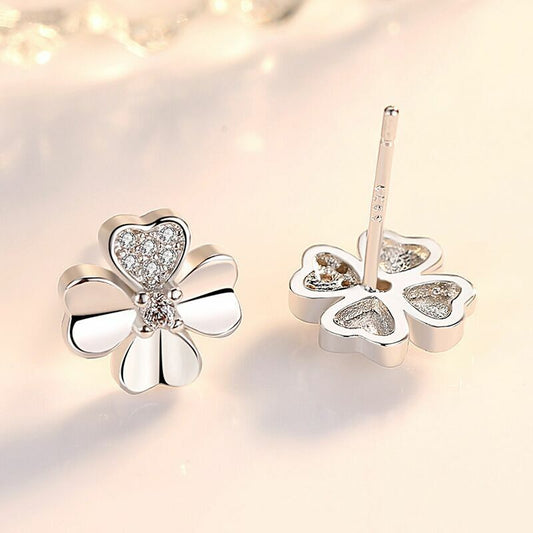 Womens Girls 925 Sterling Silver Crystal Heart Clover Stud Earrings Jewellery UK