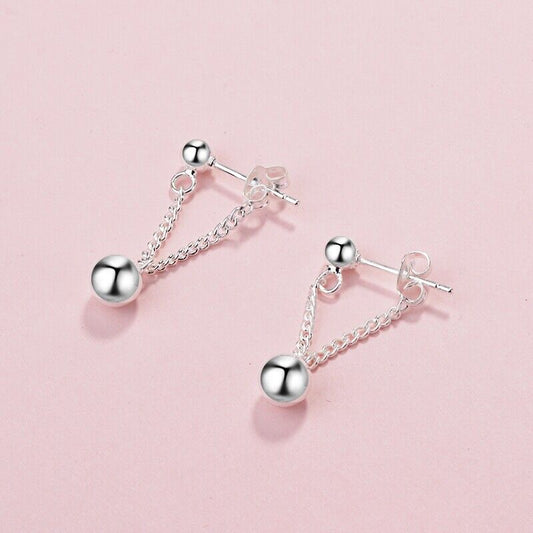 925 Sterling Silver Bead Ball Chain Drop Stud Earrings Womens Jewellery Gift New