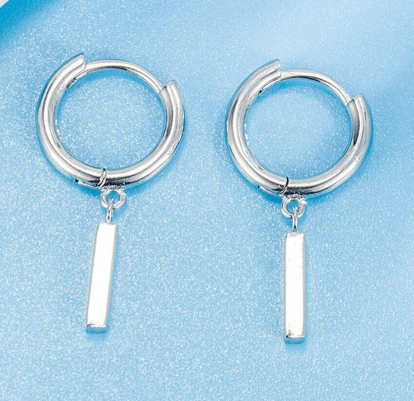 925 Sterling Silver Square Column Drop Hoop Earrings Womens Girls Jewellery UK