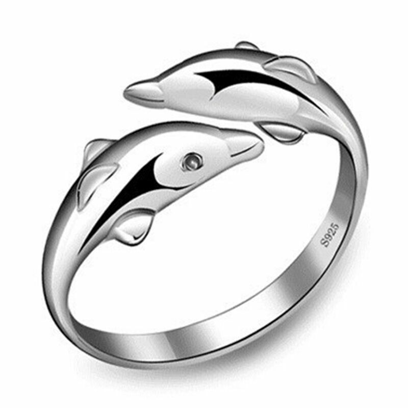 Womens Girls Dolphin Hug Adjustable Ring 925 Sterling Silver Jewellery Gift