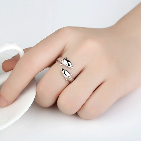 Womens Girls Dolphin Hug Adjustable Ring 925 Sterling Silver Jewellery Gift