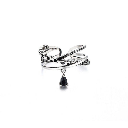 925 Sterling Silver Black Crystal Chain Adjustable Ring Womens Girls Gifts