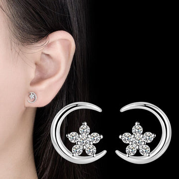 925 Sterling Silver Crystal Moon Star Stud Earrings Women Girls Jewellery Gift