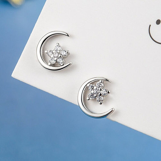 925 Sterling Silver Crystal Moon Star Stud Earrings Women Girls Jewellery Gift