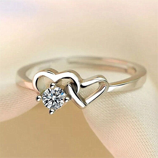 Double Heart Linked Adjustable Ring 925 Sterling Sliver Women Girls Jewellery UK