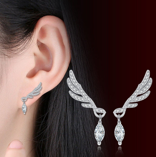 Angel Wing Crystal Drop Stud Earrings 925 Sterling Silver Womens Jewellery Gift