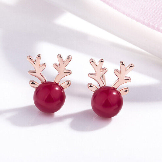 925 Sterling Silver Christmas Reindeer Elk Stud Earrings Womens Girls Jewellery