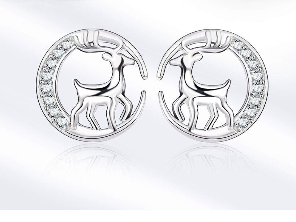 925 Sterling Silver Women Xmas Round Elk Crystal Stud Earrings Gift Jewellery UK