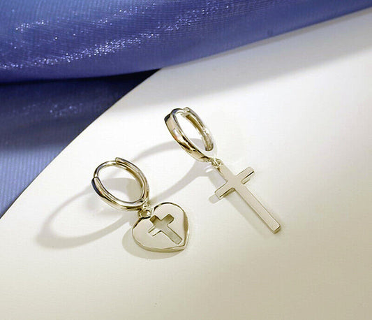 Heart Cross Hoop 925 Sterling Silver Earrings Stud Womens Girls Jewellery Gifts