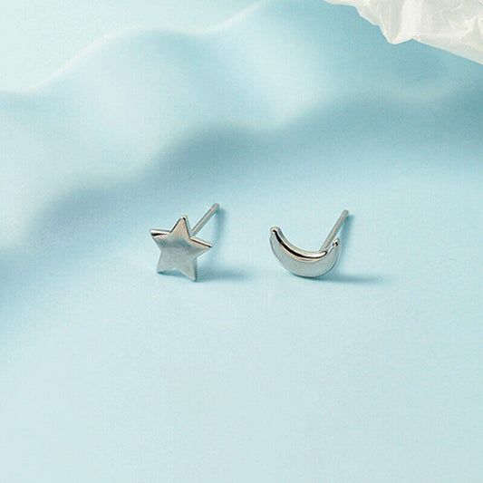 Shiny 925 Sterling Silver Plain Cute Crescent Moon Star Stud Earrings Gift UK