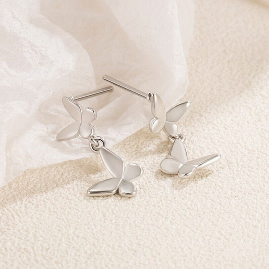 925 Sterling Silver Cute 2 Butterfly Dangle Drop Stud Earrings Women Girl Gift