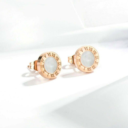 Stud Earrings Stainless Steel Vintage Gold Silver Crystal Roman Numerals Fashion