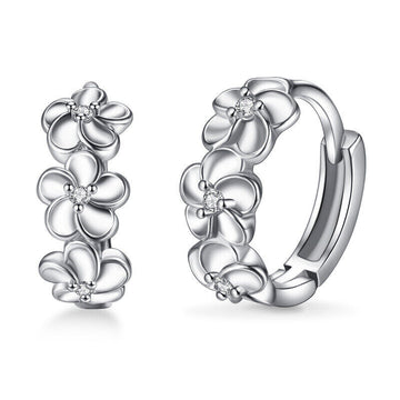 Pair 925 Sterling Silver Hoop Loop 3 Flower CZ Huggie Earrings Women Gift UK