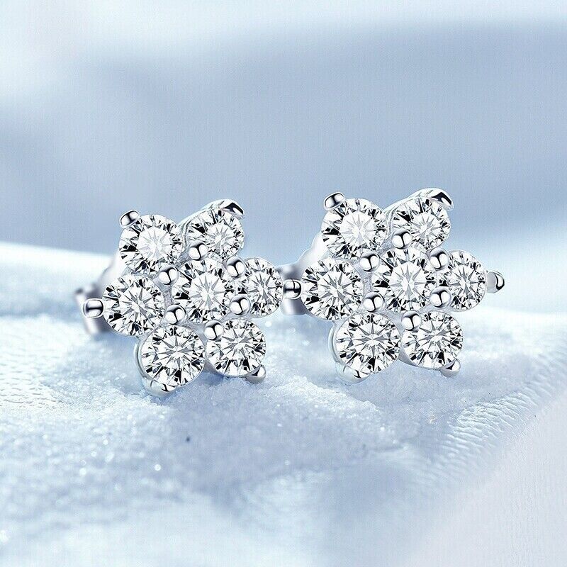 925 Sterling Silver Cute Snowflakes CZ Crystal Stud Earrings Women Girl Gift UK