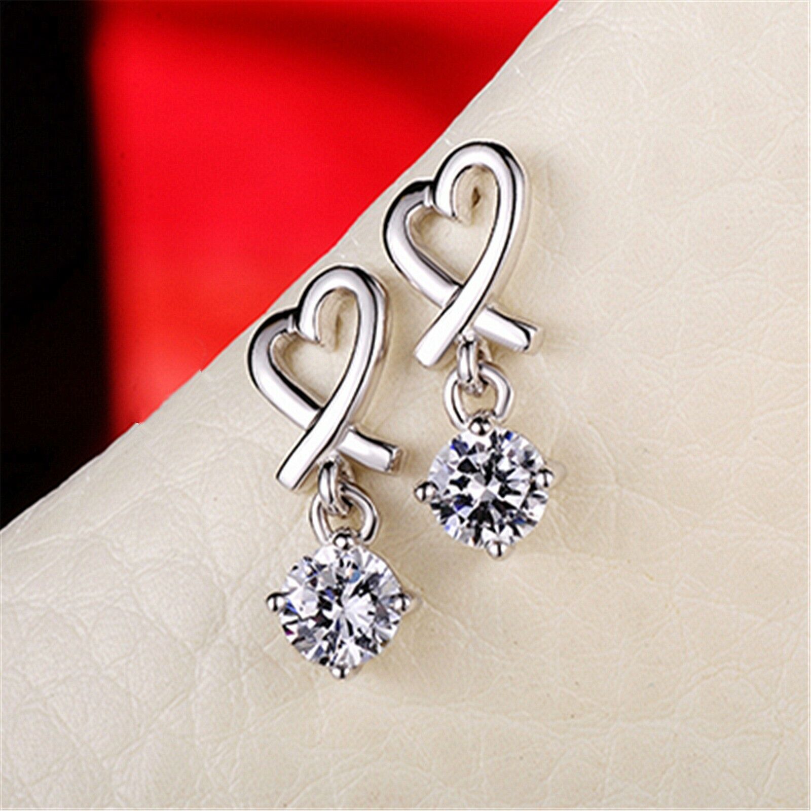 925 Sterling Silver Open Love Heart Ribbon CZ Drop Dangle Stud Earrings Gift UK