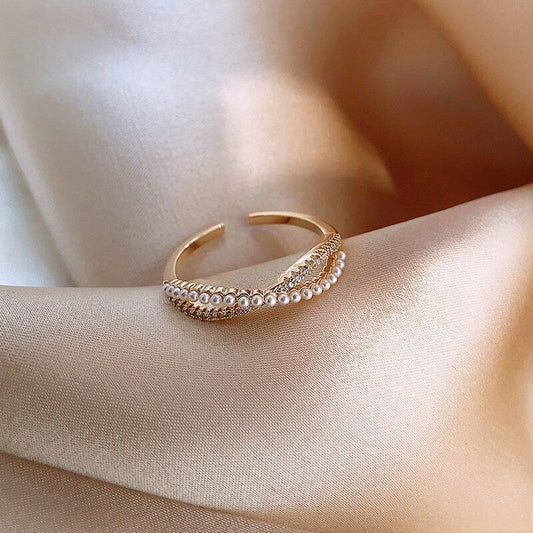 Gold Plated Pearl Zircon Finger Ring Women Wedding Adjustable Open Ring Gift