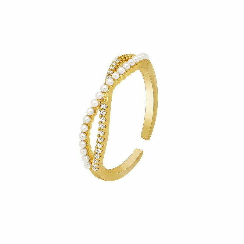 Gold Plated Pearl Zircon Finger Ring Women Wedding Adjustable Open Ring Gift