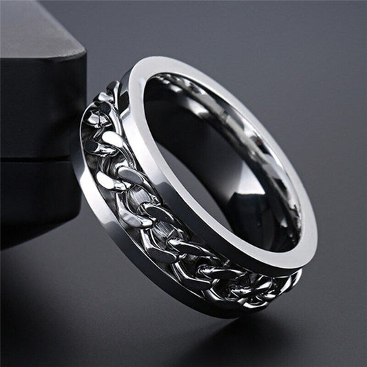 Anti Anxiety Spinner Fidget Rotating Cuban Men Women Silver Stainless Steel Ring