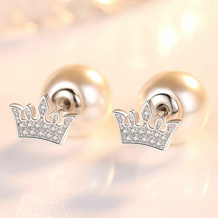 Crystal Crown Pearl Stud Earrings 925 Sterling Silver Womens Girls Jewellery Gif