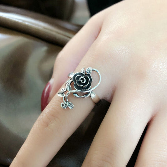 925 Sterling Silver Rose Leaf Retro Adjustable Ring Womens Girls Gift Men