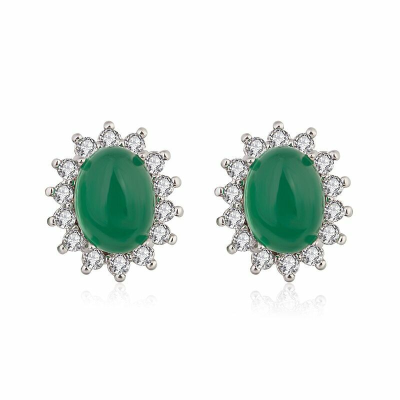 925 Sterling Silver Crystal Green Jade Stud Earrings Jewellery Women Gift