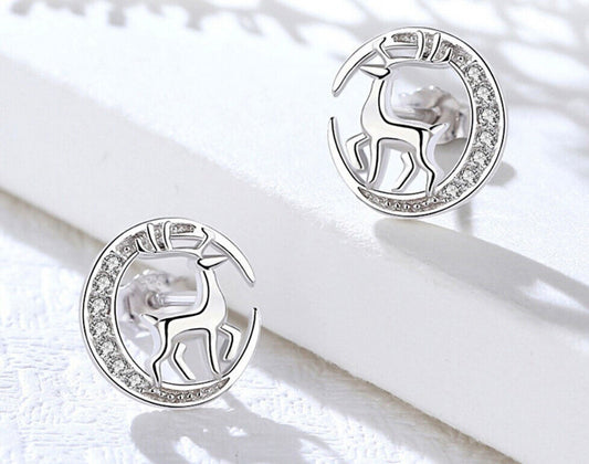 925 Sterling Silver Women Xmas Round Elk Crystal Stud Earrings Gift Jewellery UK