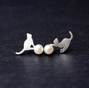 Womens Girls 925 Sterling Silver Pearl Cat Star Stud Earrings Jewellery Gift UK