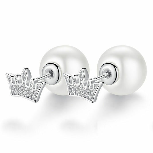 Crystal Crown Pearl Stud Earrings 925 Sterling Silver Womens Girls Jewellery Gif