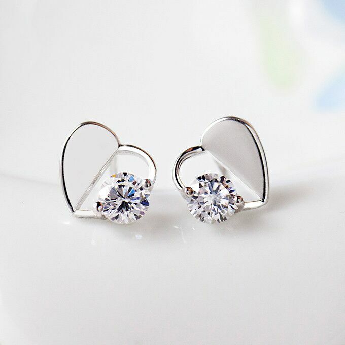 Women's 925 Sterling Silver Crystal Hollow Heart Stud Earrings Valentine's Gift