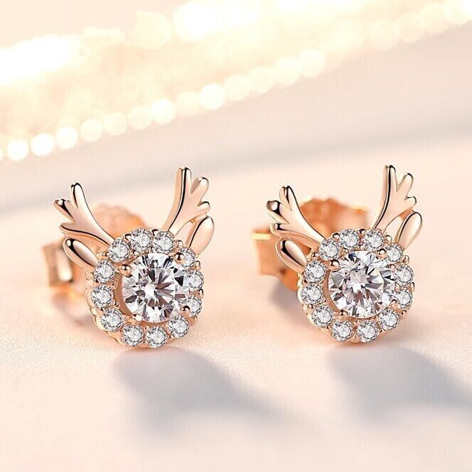 Christmas Crystal Elk Stud Earrings 925 Sterling Silver Women Girls Gift UK