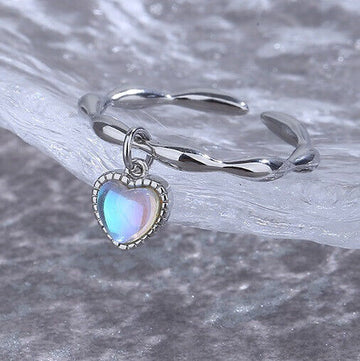 925 Sterling Silver Heart Moonstone Cute Adjustable Ring Womens Girls Gifts