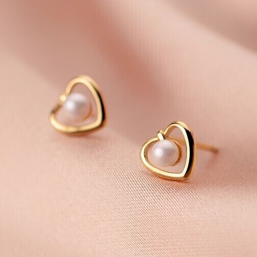 Lovely Heart Pearl Stud Earrings 925 Sterling Silver Women Girls Jewellery Gift