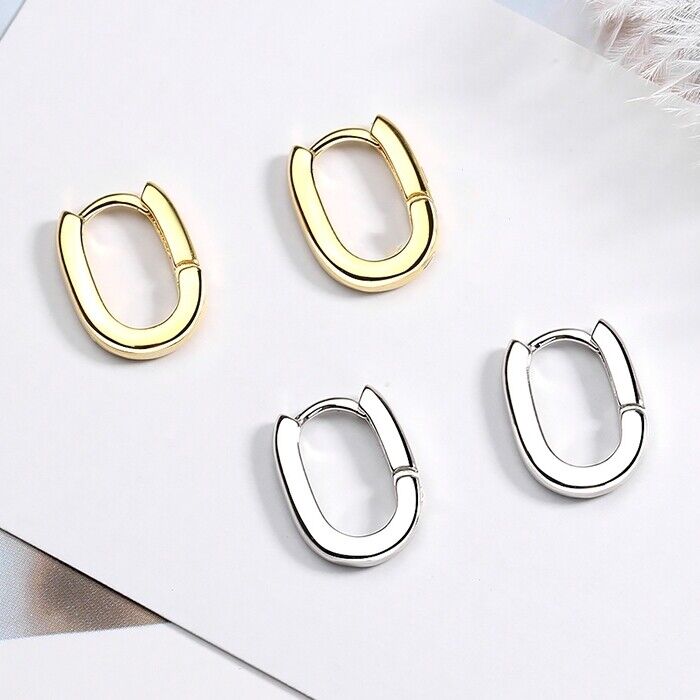 925 Sterling Silver Oval Huggie Hinge Stud Earrings Womens Girls Jewellery Gift