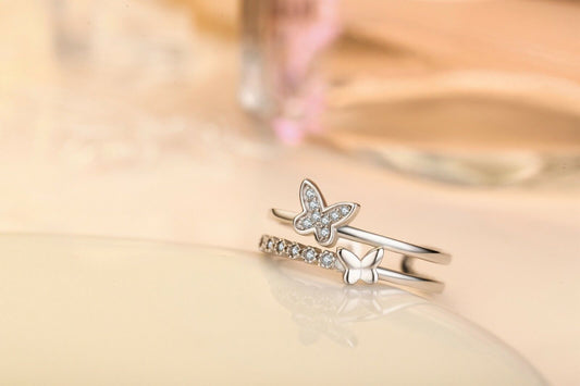 Beautiful Crystal Butterfly Adjustable Ring 925 Sterling Silver Women Jewellery