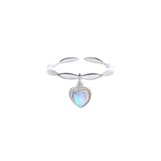 925 Sterling Silver Heart Moonstone Cute Adjustable Ring Womens Girls Gifts