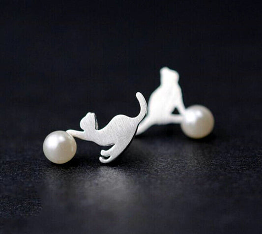 Womens Girls 925 Sterling Silver Pearl Cat Star Stud Earrings Jewellery Gift UK