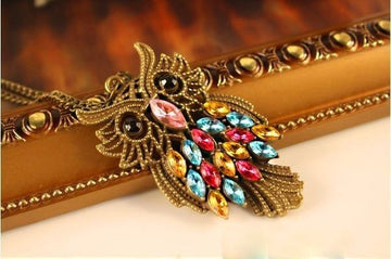 Retro Rhinestone Colorful Owl Pendant Long Chain Necklace Jewellery