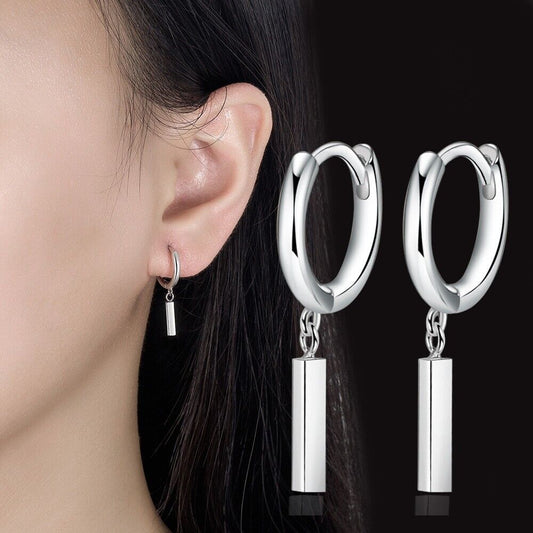 925 Sterling Silver Square Column Drop Hoop Earrings Womens Girls Jewellery UK