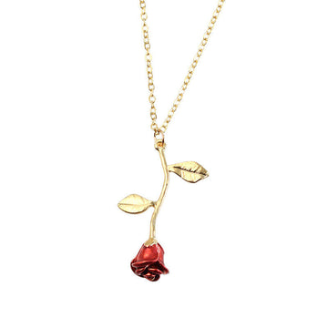 Fashion Women Red Rose Flower Chain Crystal Rhinestone Pendant Necklace Jewelry