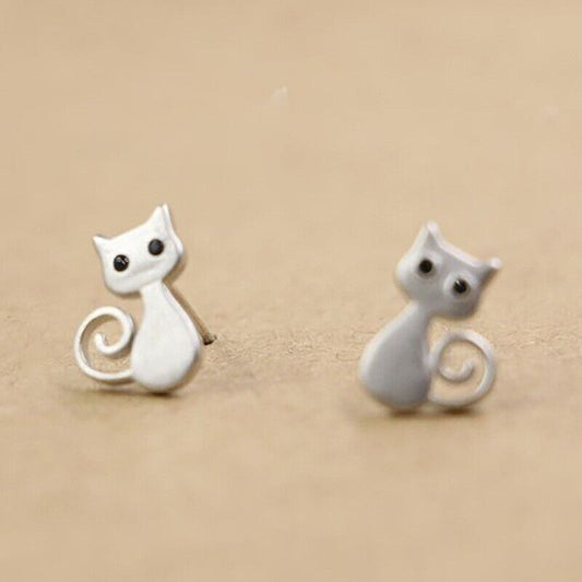 925 Sterling Silver Plated Cute Cat Stud Earrings Women Girl Gift