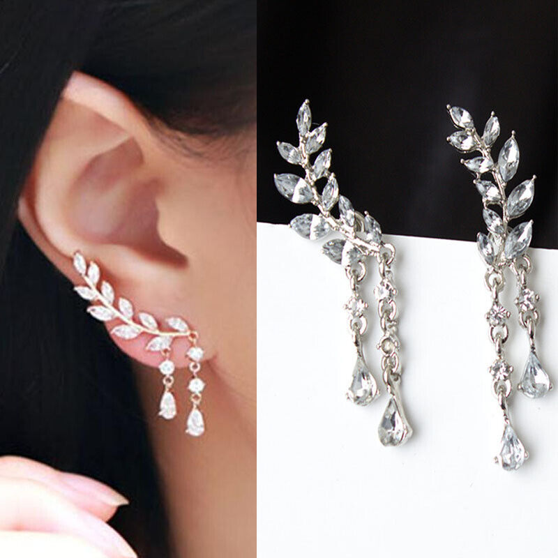 Women Elegant Crystal Shinny Ear Stud Leaves Earrings Fashion Jewelry Gift