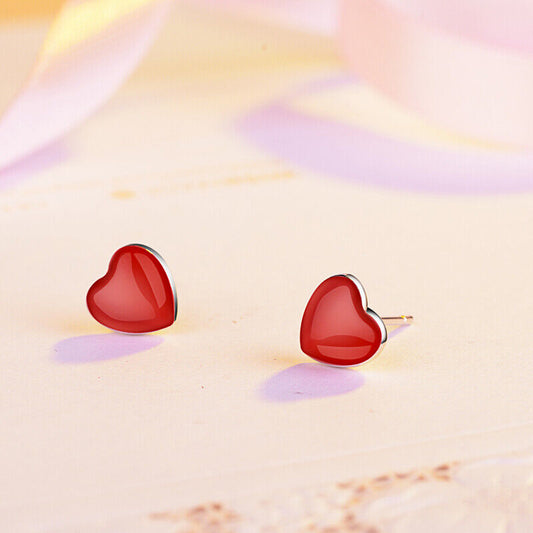 925 Sterling Silver Rose Red Heart Stud Earrings Womens Girls Jewellery Gift New