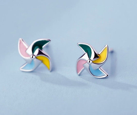 925 Sterling Silver Tiny Colourful Windmill Stud Earring Jewellery Women Girl UK