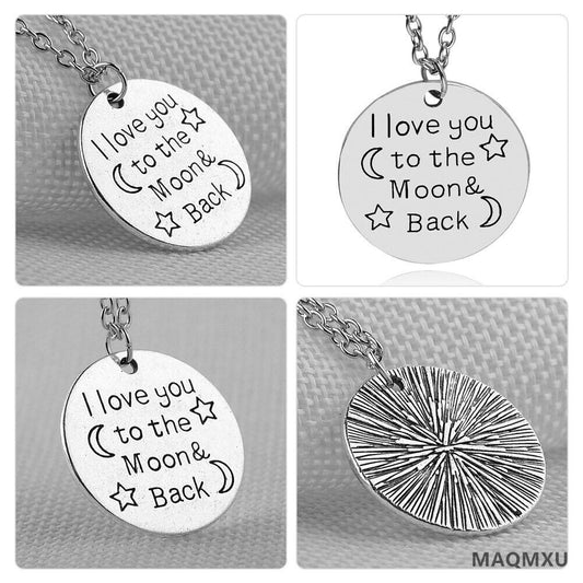 I LOVE YOU TO THE MOON AND BACK' ENGRAVED SILVER PENDANT NECKLACE LOVER GIFT NEW