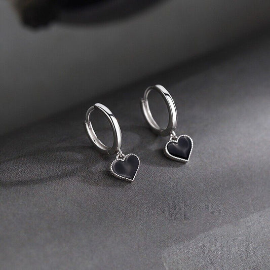 925 Sterling Silver Black Resin Love Heart Dangle/Drop Hoop Huggie Earrings Gift